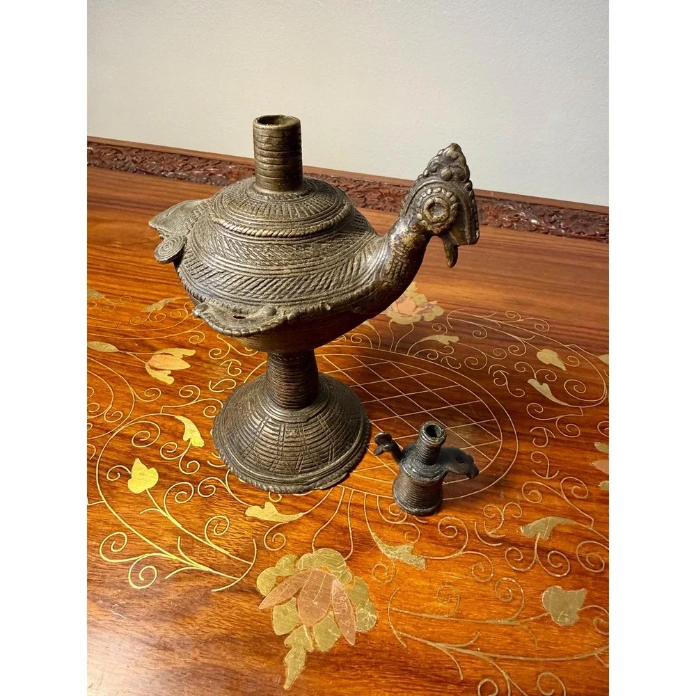Antique‎ Indian Peacock Oil Lamp, Hand Cast Dhokra Brass Vessel
